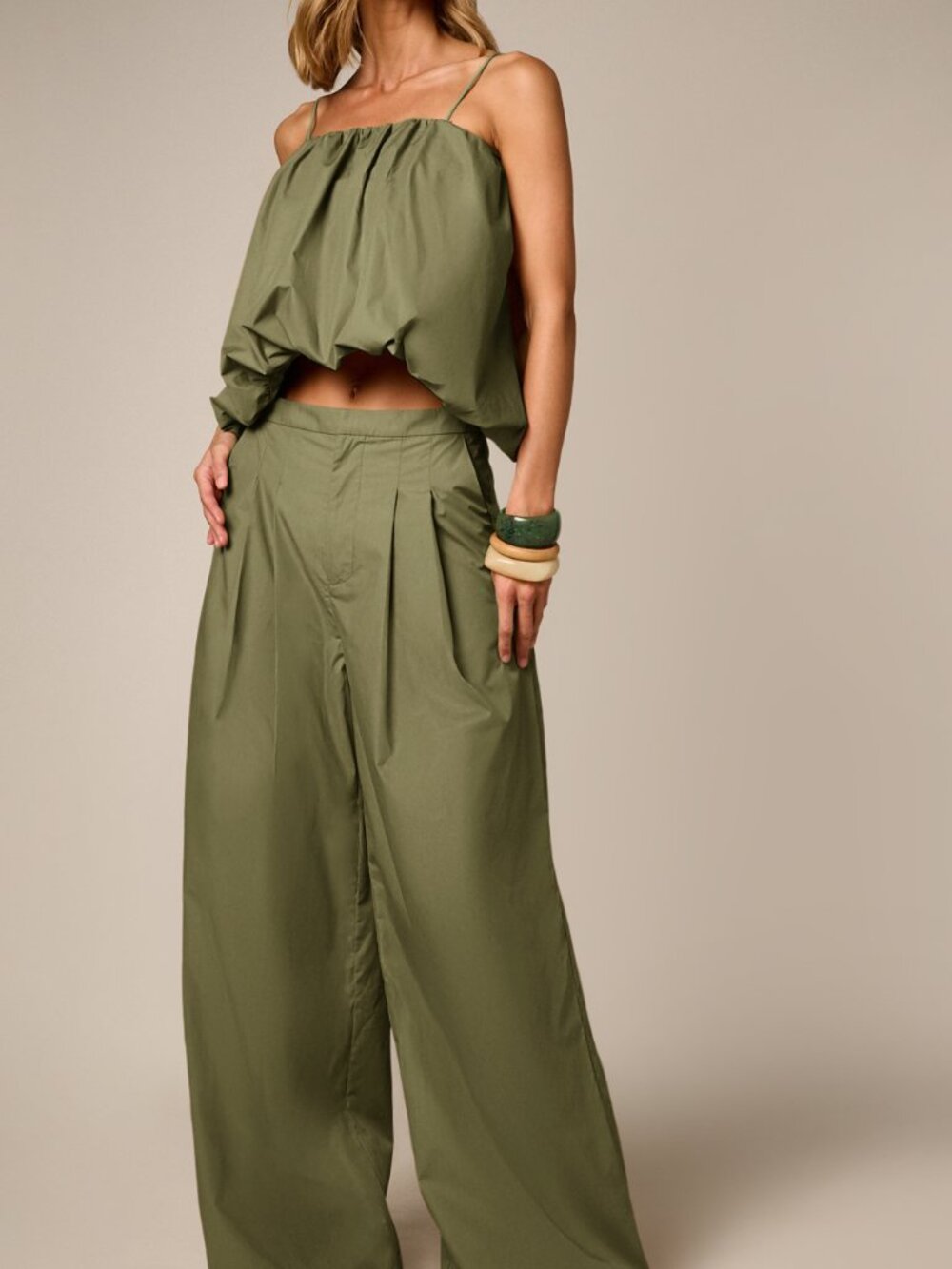 Army Green Elegant Women's Ruched Crop Cami & Wide Leg Pleated Trouser Set